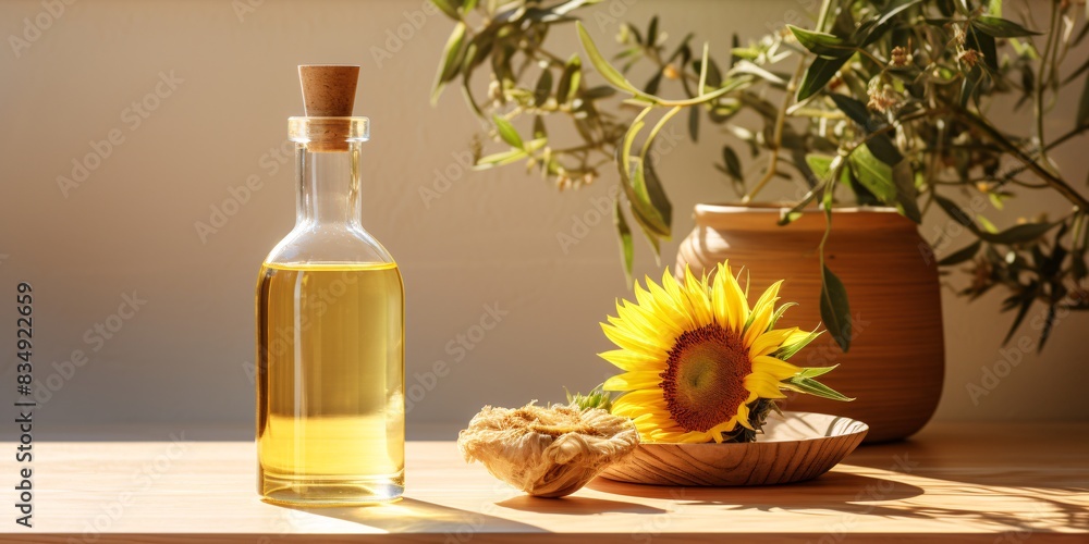 a bottle of oil next to a sunflower a bottle of oil next to a sunflower