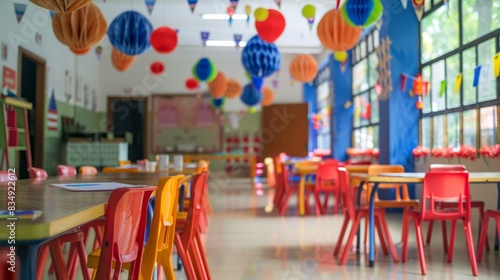 Colorful classroom decorated with hanging paper lanterns, bright chairs, and desks, creating a cheerful learning environment for children.