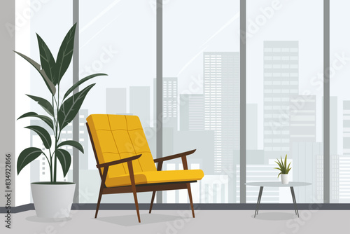 Modern office in a business center with a yellow armchair and potted plants overlooking the cityscape of the metropolis. Yellow armchair in modern office. Business space vector illustration. Meeting.