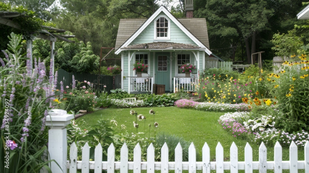A quaint garden house with a picket fence, flower beds, and a cozy outdoor dining area, surrounded by manicured lawns and colorful blooms. A quaint garden house with a picket fence, flower beds, and a cozy outdoor dining area, surrounded by manicured lawns and colorful blooms.