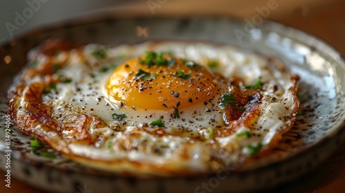 A delicious breakfast of eggs over easy with crispy bacon and fresh chives. photo