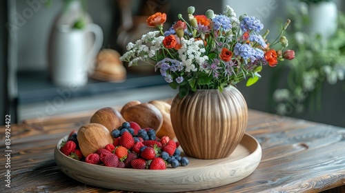 Still life photography of a ceramic vase holding a bouquet of flowers and a wooden plate with berries and muffins on a wooden table.