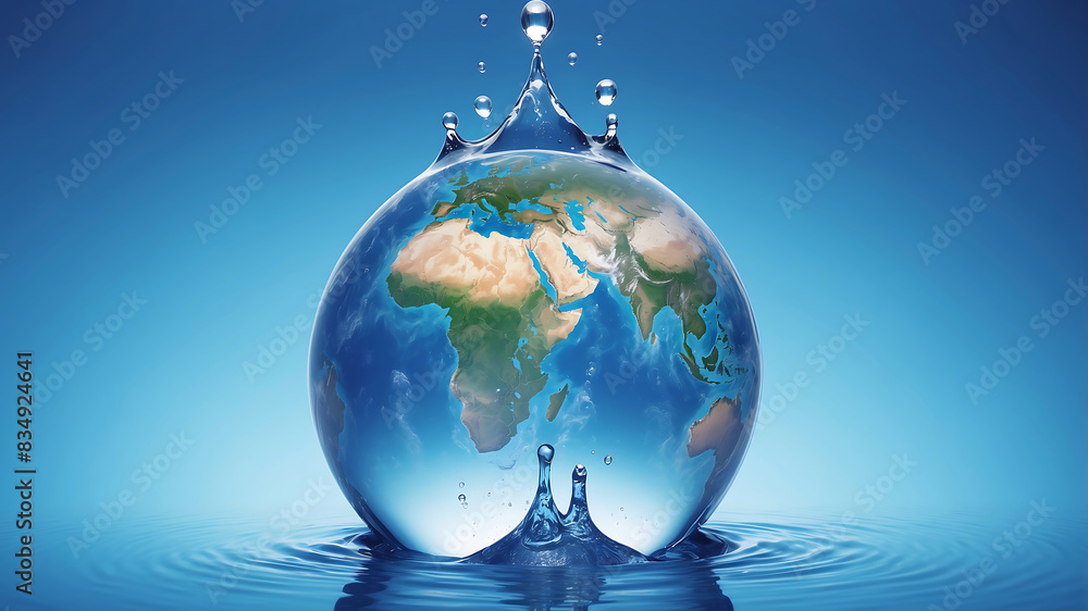 World environment day, the earth is in a water droplet on a blue background with water droplets, emphasizing the planet's continents and oceans World environment day, the earth is in a water droplet on a blue background with water droplets, emphasizing the planet's continents and oceans