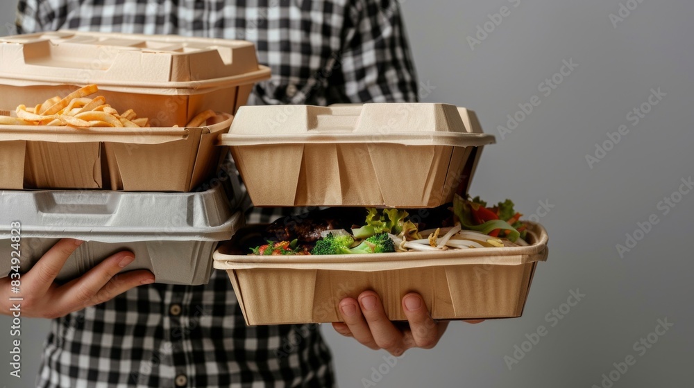 A person is holding a stack of food containers, including a box of broccoli A person is holding a stack of food containers, including a box of broccoli