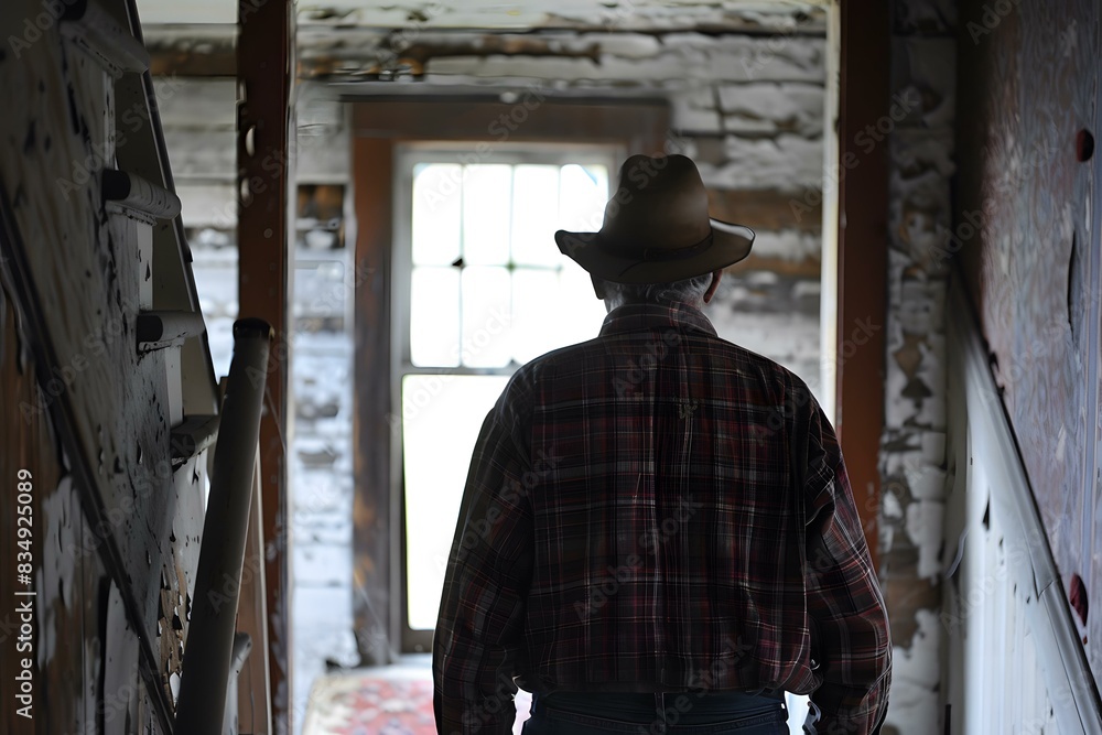 An old man standing in a ruined house An old man standing in a ruined house