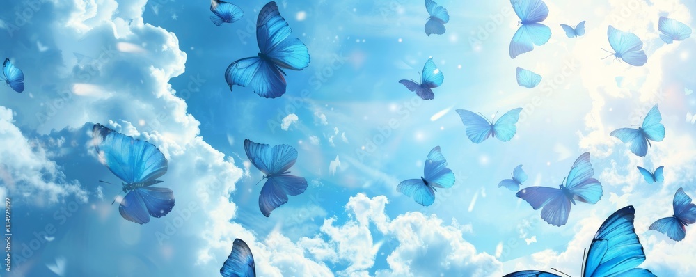 Blue butterflies flying in a sky full of clouds on a sunny day Blue butterflies flying in a sky full of clouds on a sunny day