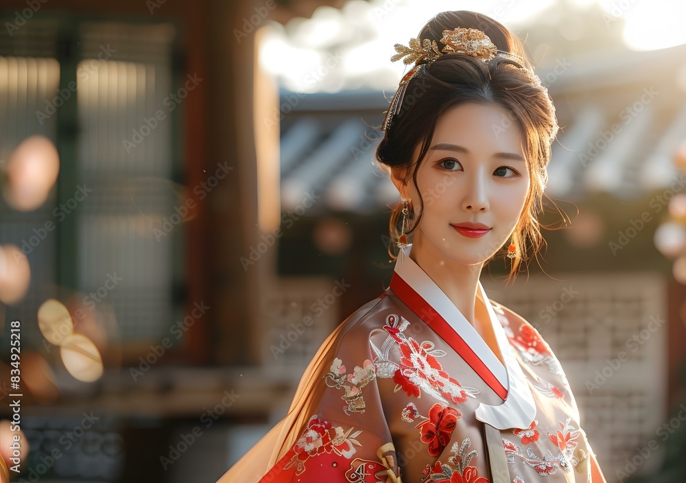 Fototapeta premium Portrait of a young woman in traditional Korean dress, or hanbok