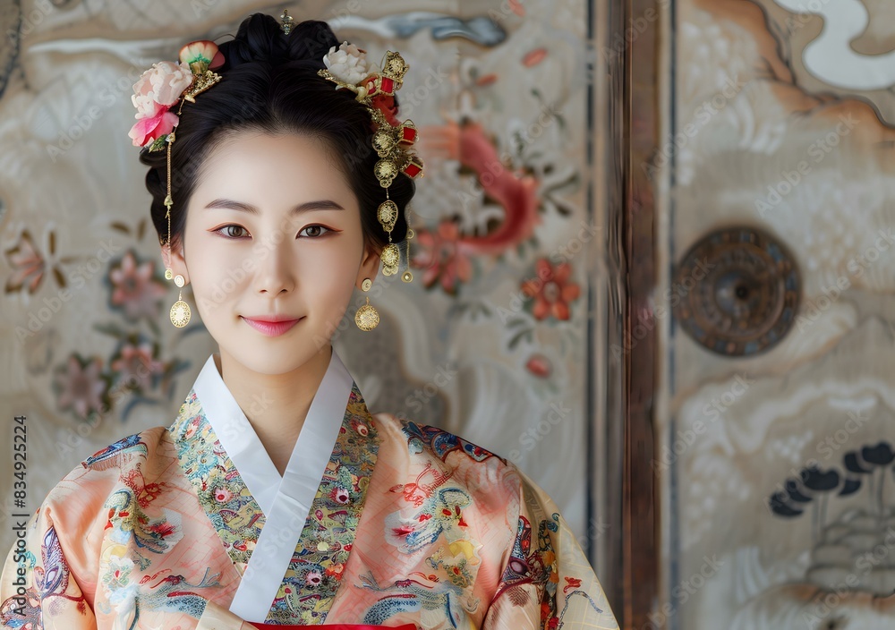 Portrait of a young woman in traditional Korean hanbok dress Portrait of a young woman in traditional Korean hanbok dress