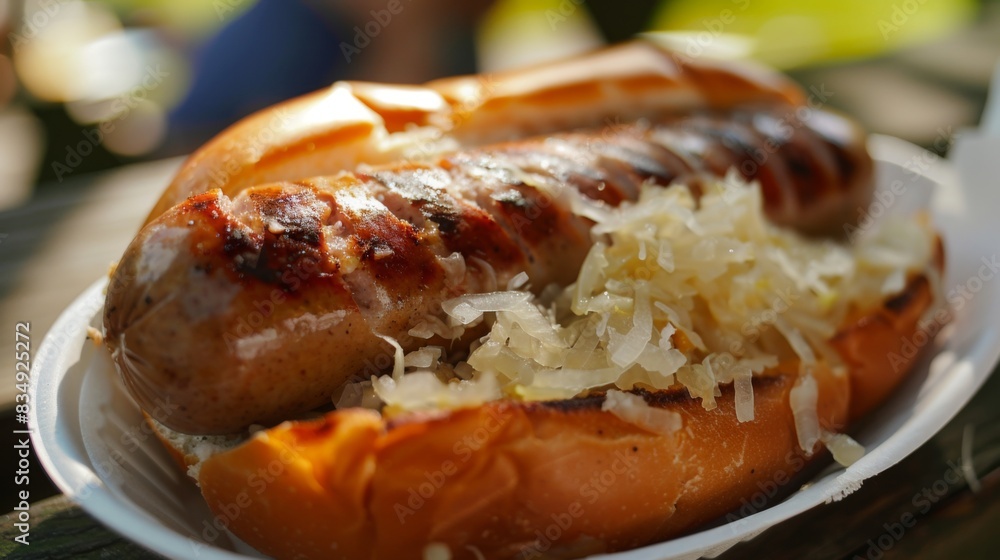 A savory German bratwurst with sauerkraut and mustard, served at an outdoor beer garden. A savory German bratwurst with sauerkraut and mustard, served at an outdoor beer garden.