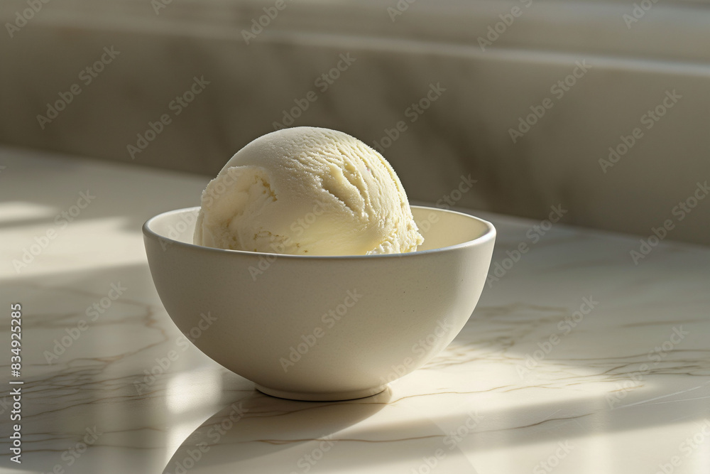 A scoop of vanilla ice cream in a white bowl set against a soft focus background on light sunny day. Minimalistic ice cream advertisement, ideas for culinary content, desserts, or summer treats. A scoop of vanilla ice cream in a white bowl set against a soft focus background on light sunny day. Minimalistic ice cream advertisement, ideas for culinary content, desserts, or summer treats.