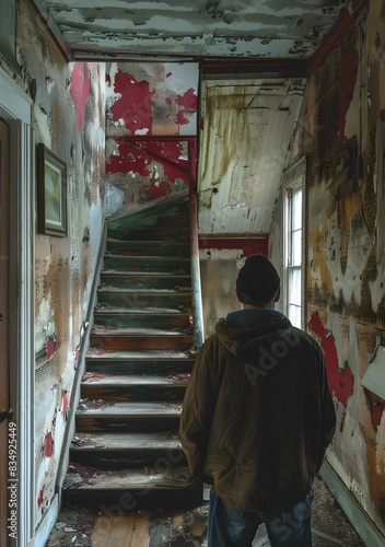 A man standing in a decrepit hallway with peeling red paint and a broken staircase photo