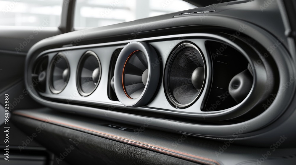 Naklejka premium A side view of car speakers mounted on the rear deck, delivering powerful bass and crystal-clear highs to elevate the in-car entertainment.