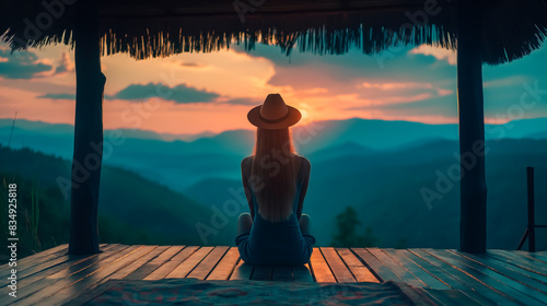 Woman in hat sitting on a wooden deck  enjoying a mountain sunset  with a serene vibe. Generative AI