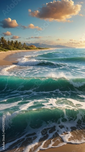 Enjoy every moment. Wave of ocean on the sandy beach. Nature background. Modern screen design for mobile app and web. Summer vector illustration.