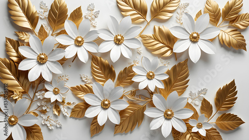 White flowers with golden leaves on white background. White and golden luxury 3d floral background