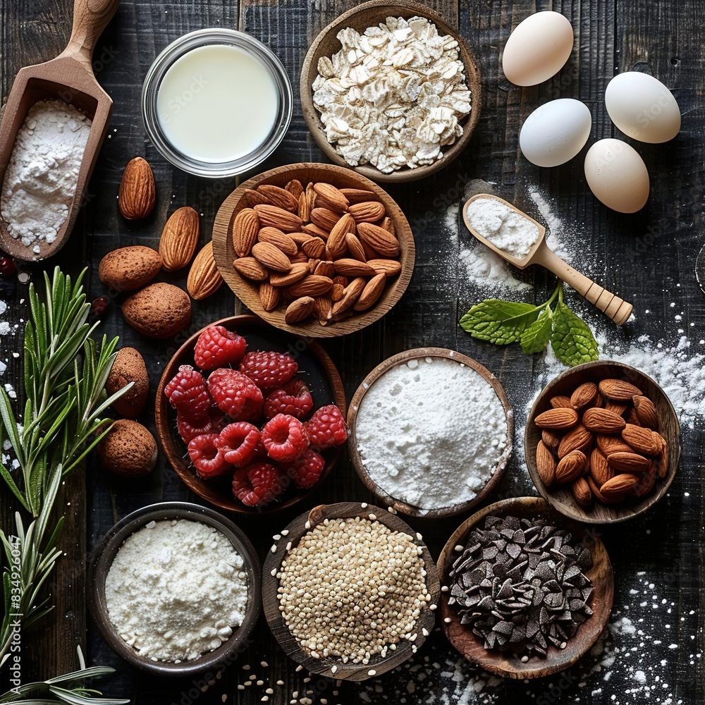 Variety of baking ingredients on a rustic wooden table. Variety of baking ingredients on a rustic wooden table.