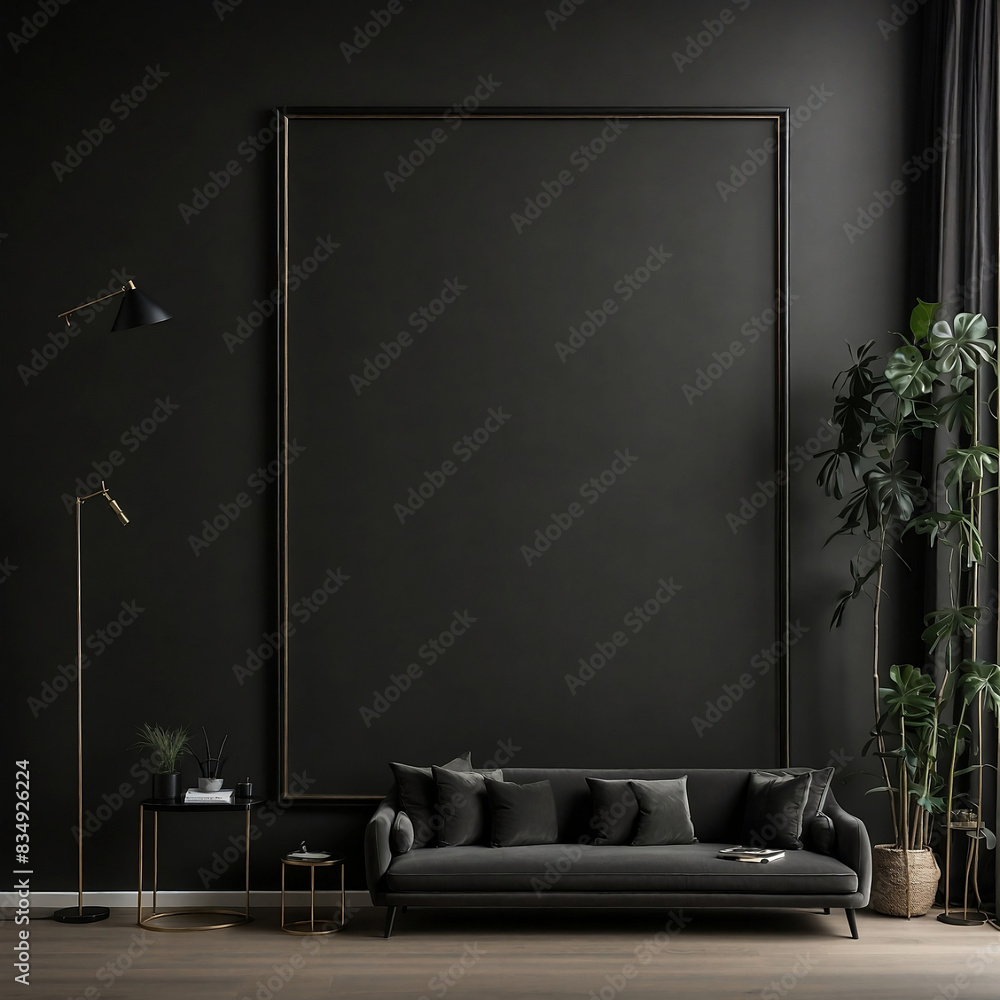 Wall Art Black Frame Mockup, Modern Living Room Black Theme, Interior