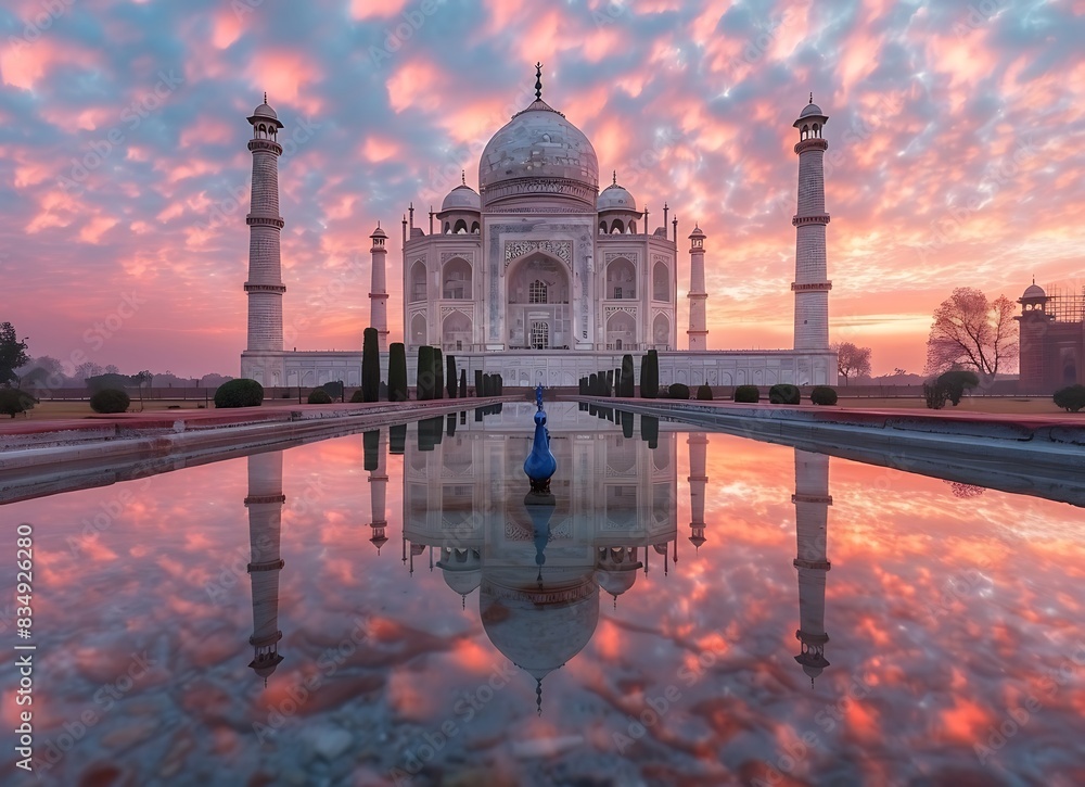 A wide angle view of the Taj Mahal at sunrise with a beautiful sky
