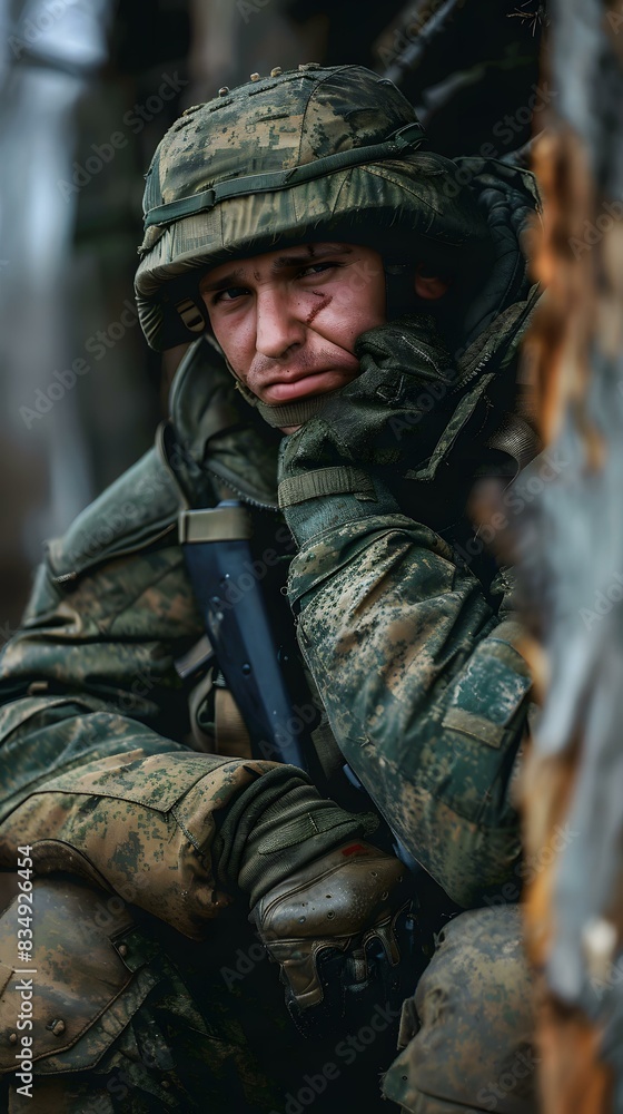 Fototapeta premium A soldier wearing a camouflage uniform and a helmet is sitting on the ground, leaning against a tree.