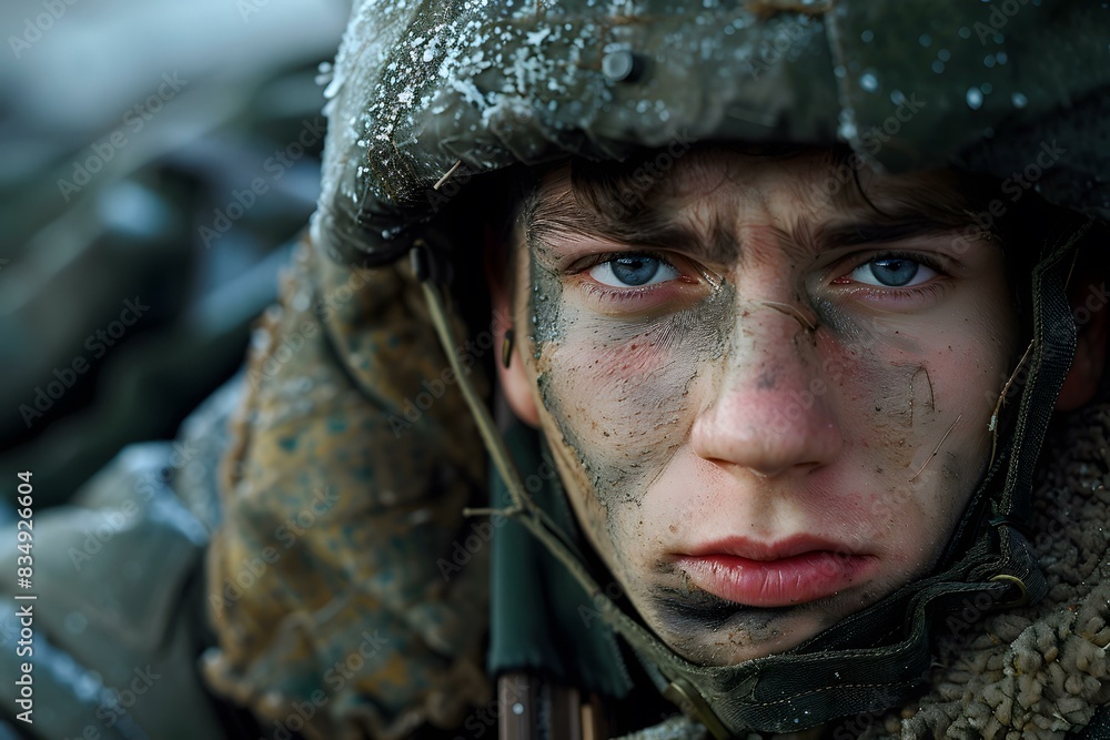 Fototapeta premium Portrait of a young soldier with blue eyes and a dirty face wearing a military helmet