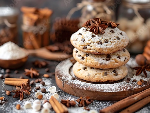 Closeup of three chocolate chip cookies with powdered sugar and star anise on a wooden plate, surrounded by baking ingredients.
