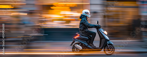 Person riding motor scooter through city streets at night