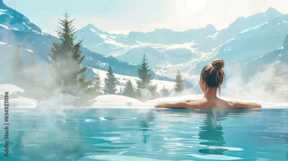 Female relax in hot spring spa with snow mountain in winter. Female relax in hot spring spa with snow mountain in winter.