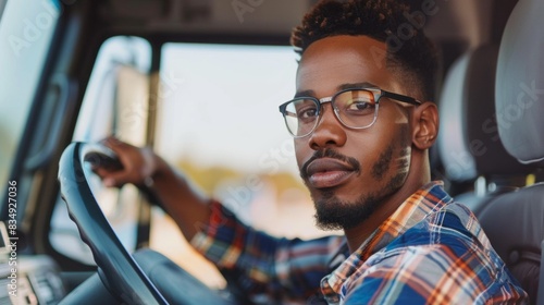 A man with glasses is driving a truck © liliyabatyrova