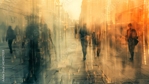 Abstract cityscape with blurred walking figures at sunset