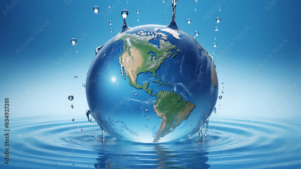 World environment day, the earth is in a water droplet on a blue background with water droplets, emphasizing the planet's continents and oceans World environment day, the earth is in a water droplet on a blue background with water droplets, emphasizing the planet's continents and oceans