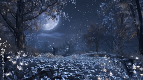 A moonlit forest clearing, silver leaves, luminous herbs, starry sky, and an owl's hoot create magic. photo