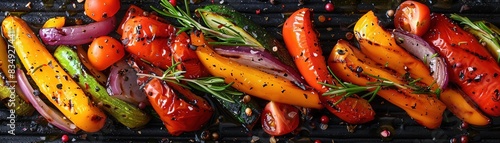 Close-up of grilled vegetables, including peppers, onions, and carrots.