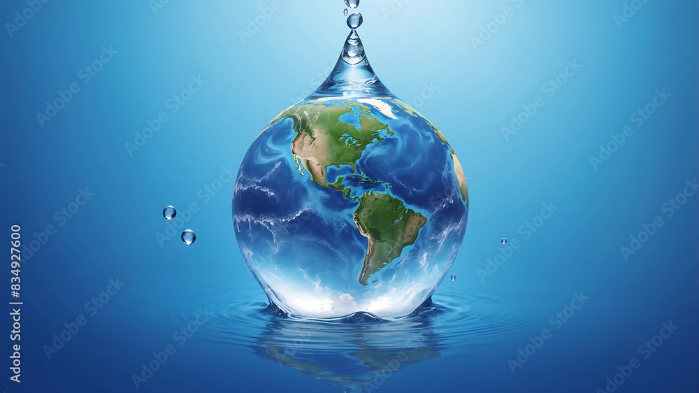 World environment day, the earth is in a water droplet on a blue background with water droplets, emphasizing the planet's continents and oceans World environment day, the earth is in a water droplet on a blue background with water droplets, emphasizing the planet's continents and oceans