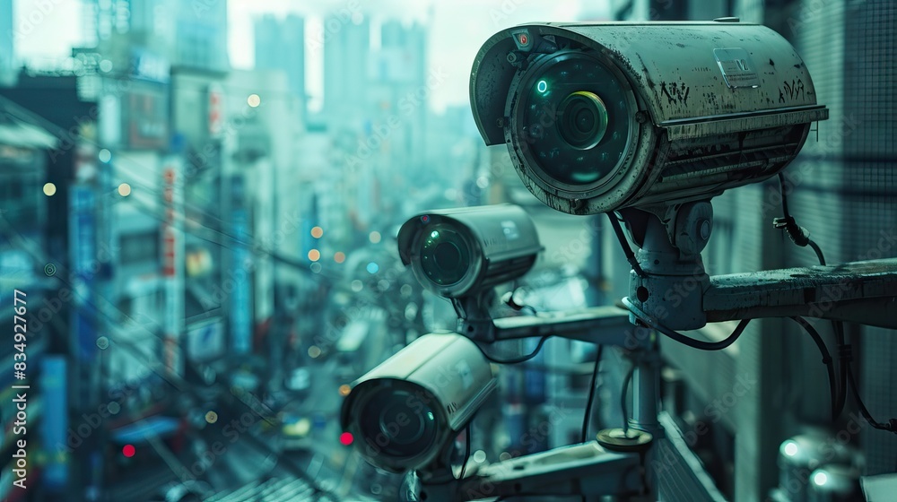 Futuristic AI powered surveillance cameras monitoring a city
