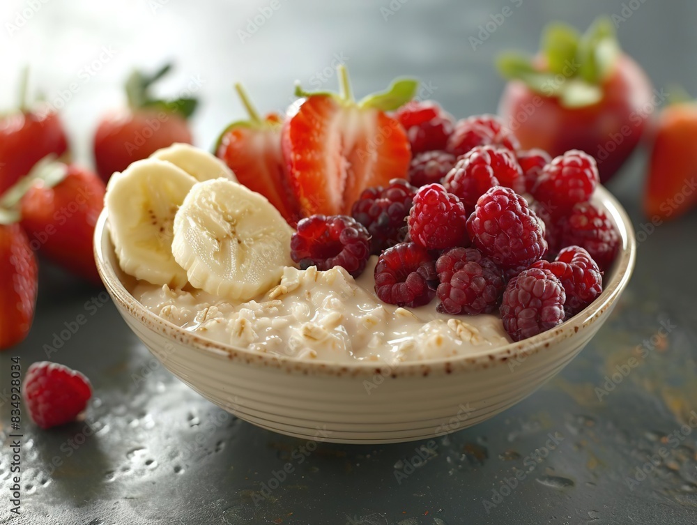 Delicious oatmeal breakfast with fresh strawberries, raspberries and banana slices. Delicious oatmeal breakfast with fresh strawberries, raspberries and banana slices.