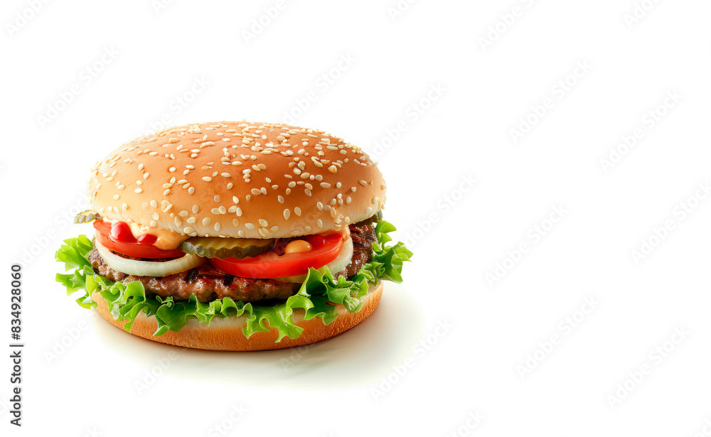 Fast Food Experience: Enjoy Tasty Flavors of a Burger Without Cheese, Set Against a Clean White Background for Visual Appeal. Fast Food Experience: Enjoy Tasty Flavors of a Burger Without Cheese, Set Against a Clean White Background for Visual Appeal.