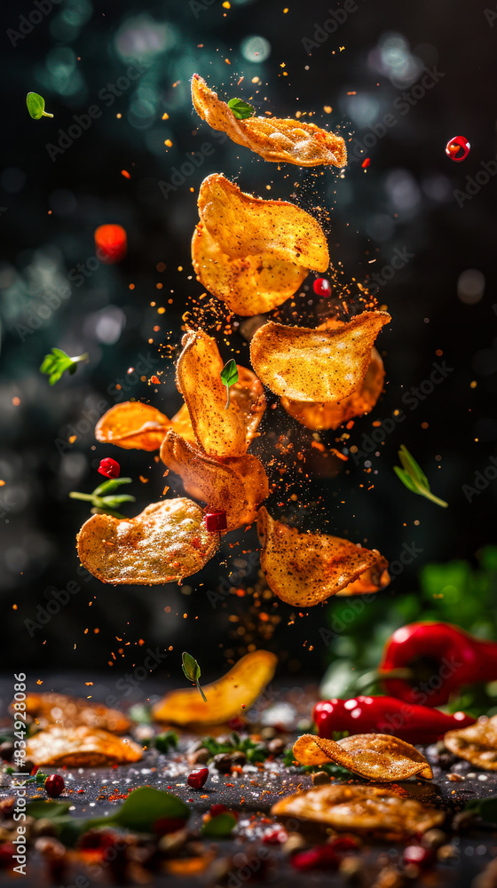 Naklejka premium Crunchy delicious potato chips levitation. Potato chips with spices falling with spices and herbs on dark background. Advertising product photo tasty snack. Flying golden chips. Menu, recipe. vertical