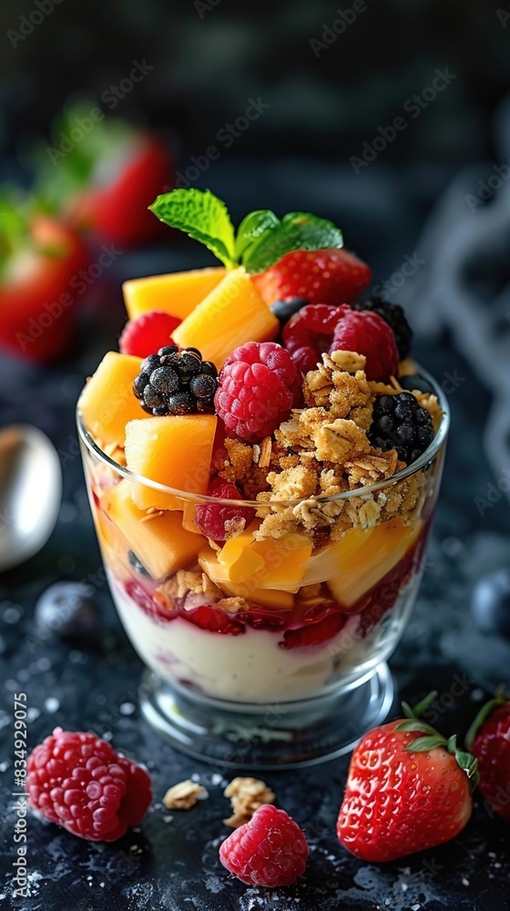Delicious parfait with yogurt, granola, mango and berries. Delicious parfait with yogurt, granola, mango and berries.