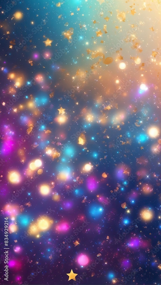 Glittering gradient background with hologram effect and magic lights. Holographic abstract fantasy backdrop with fairy sparkles, gold stars and festive blurs. . Glittering gradient background with hologram effect and magic lights. Holographic abstract fantasy backdrop with fairy sparkles, gold stars and festive blurs. .