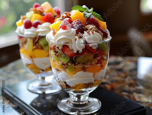 Delicious fruit dessert with whipped cream and granola.