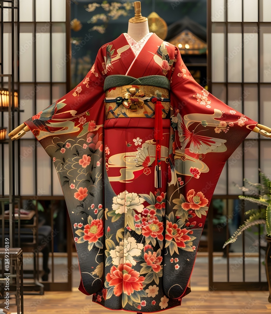 A kimono with a pattern of flowers and birds A kimono with a pattern of flowers and birds