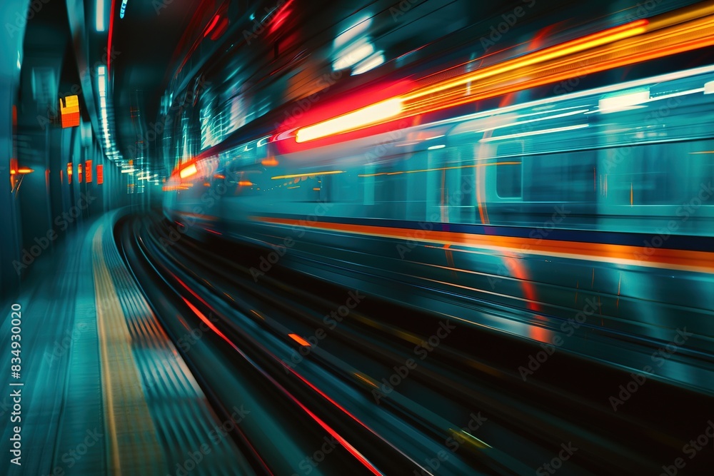 Fototapeta premium Blurred motion of a high-speed train in a futuristic station.