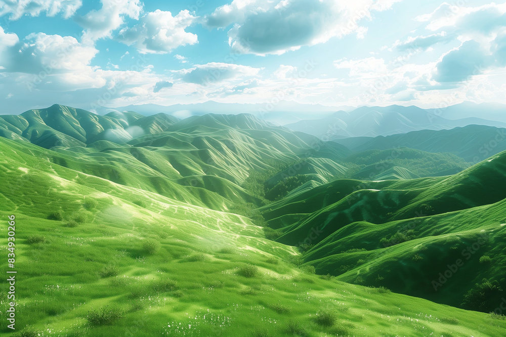 Fototapeta premium The landscape in the summer is a vibrant tapestry of lush, green meadows stretching to the horizon, dotted with colorful wildflowers swaying gently in the warm breeze.