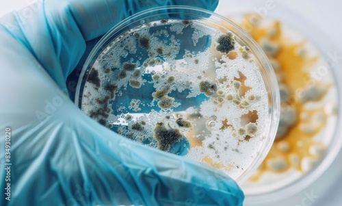 In the laboratory, a macro photo of a hand in blue gloves holding a petri dish with mold and yellowish sludge on a white background, closeup. The photo is