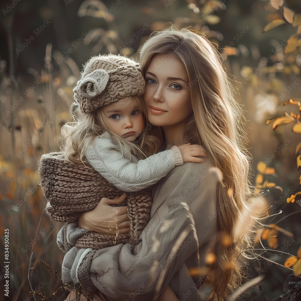 young mother with a small daughter in autumn nature at sunset By Generated AI young mother with a small daughter in autumn nature at sunset By Generated AI