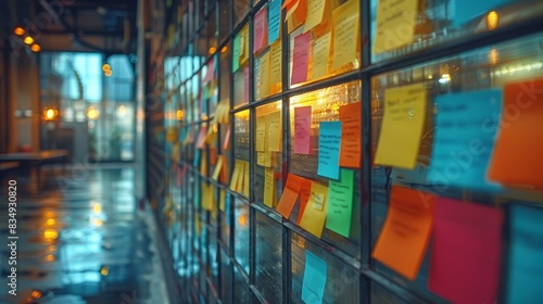 Colorful sticky notes on a glass wall in a modern office.