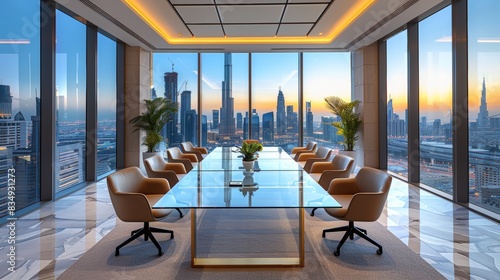 Modern office conference room interior with glass table and chairs with amazing city view. photo