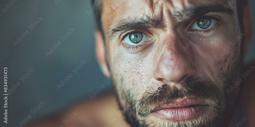 Portrait of a man with blue eyes and a beard looking at the camera with a serious expression Portrait of a man with blue eyes and a beard looking at the camera with a serious expression