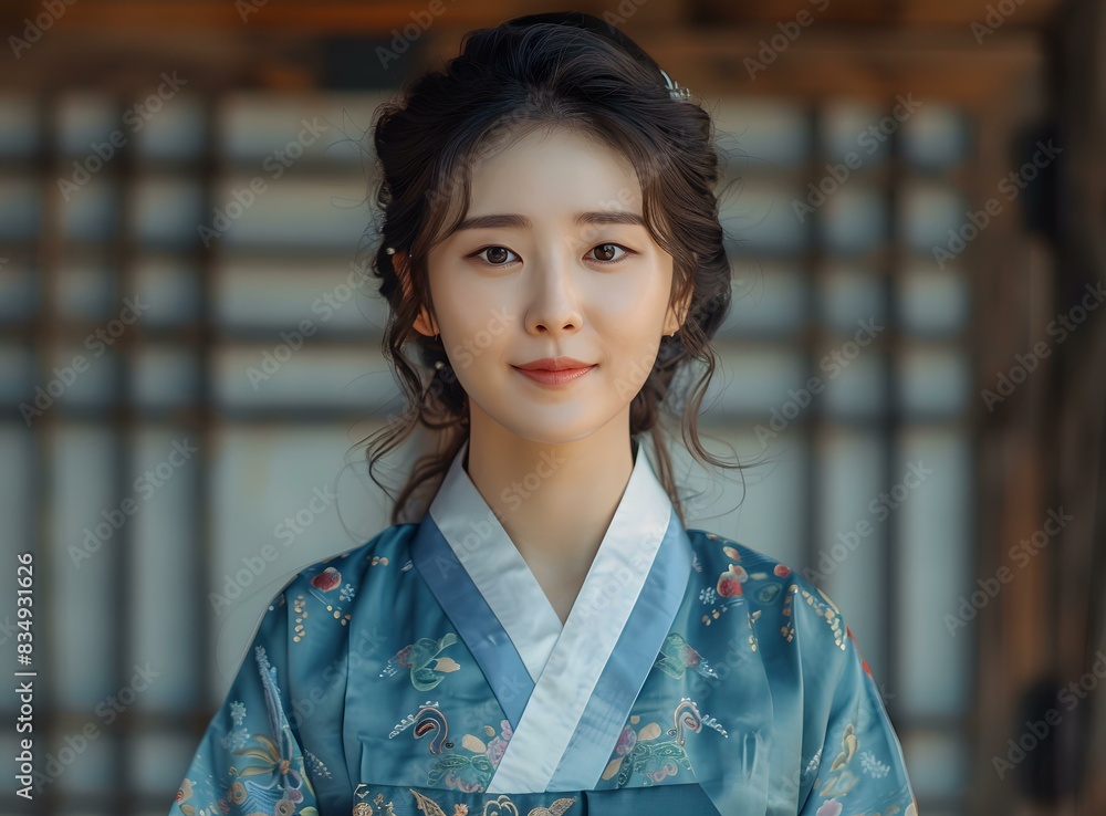 Portrait of a young Korean woman in traditional dress, smiling Portrait of a young Korean woman in traditional dress, smiling