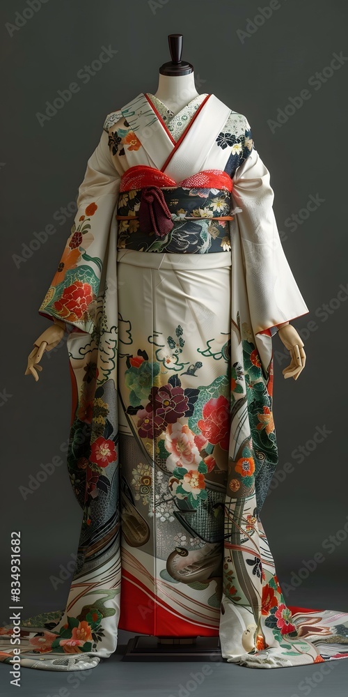 A kimono with a floral pattern and a red obi A kimono with a floral pattern and a red obi